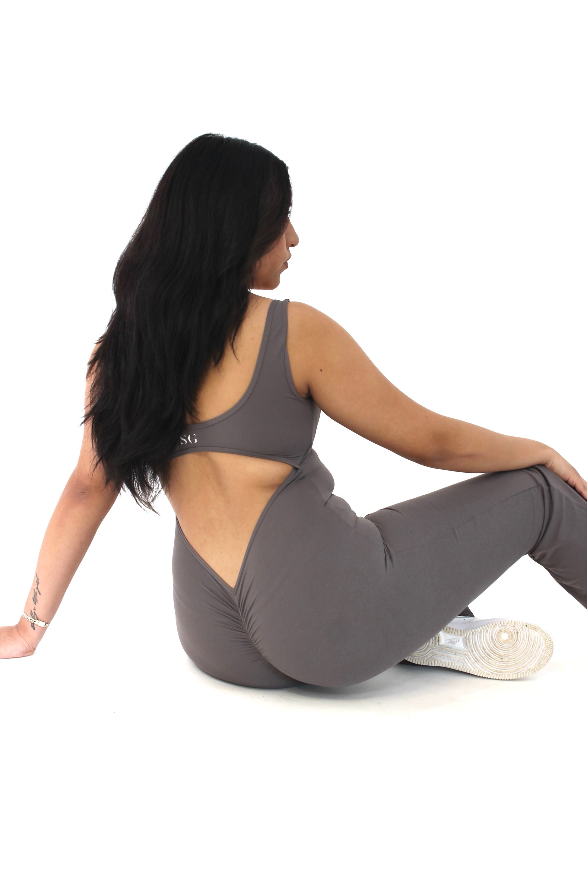 Grey Scrunch Flare Jumpsuit (7912684323001)