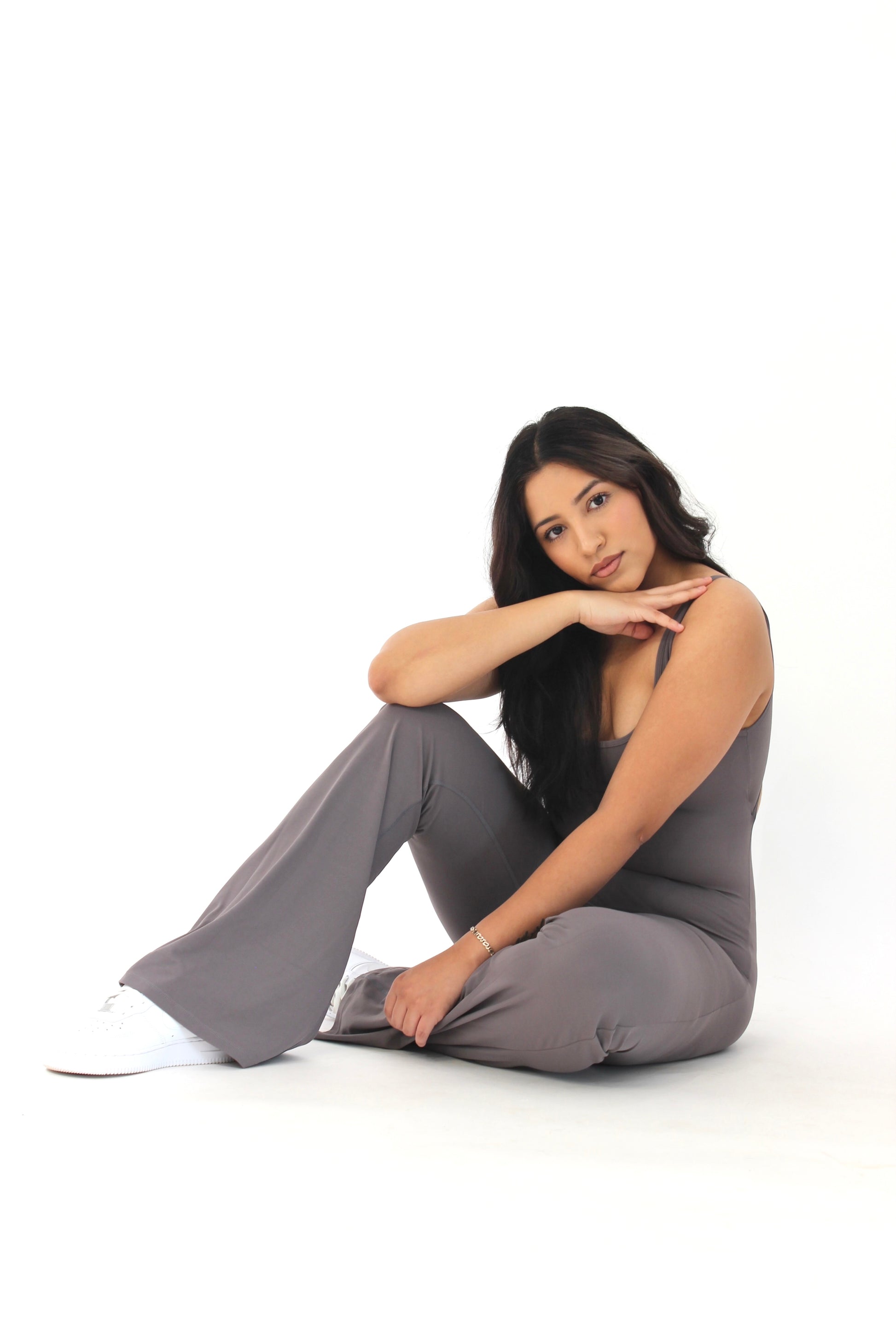 Grey Scrunch Flare Jumpsuit (7912684323001)