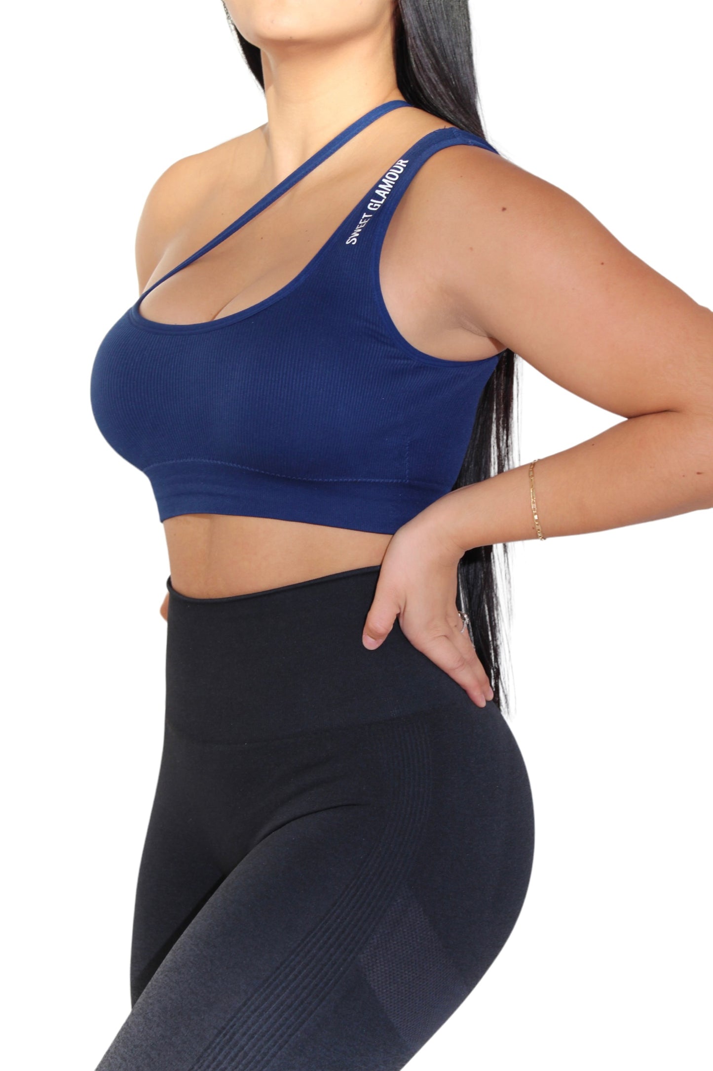 Navy One Shoulder Sports Bra (7550424318137)