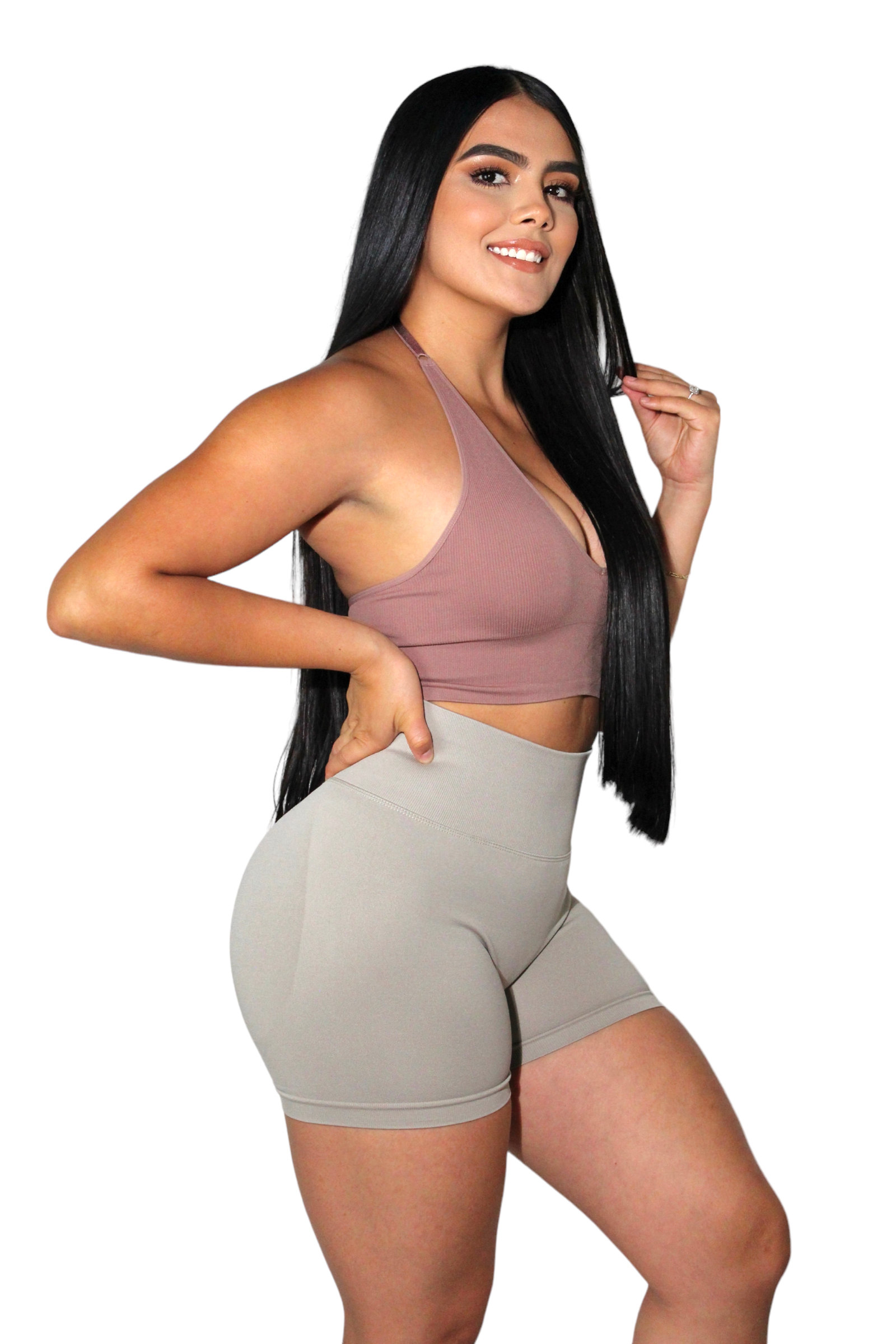 Mocha Brown Ribbed Halter Sports Bra (7546759413945)