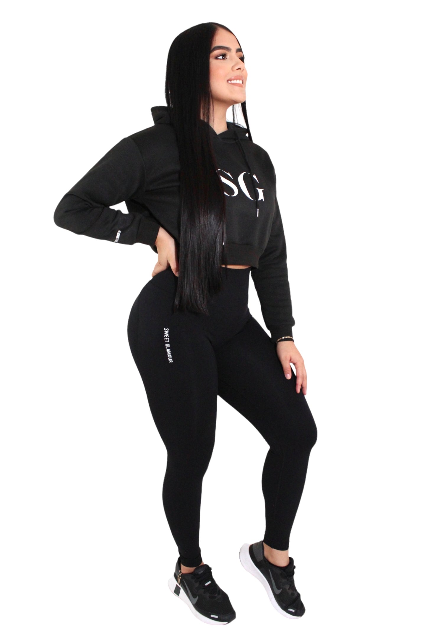 Black Drawstring Crop Hoodie (7550745379001)